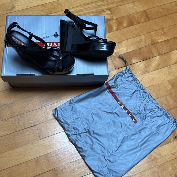 Prada Black Strappy Wedge Sandals - Picture 4 of 5